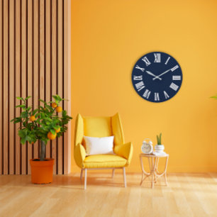 Blue Navy Nauti Grey Metallic Silver Roman Number1 Large Clock