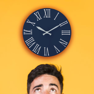 Blue Navy Nauti Grey Metallic Silver Roman Number2 Large Clock