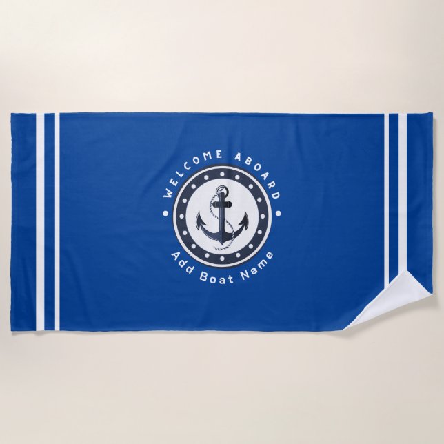 Blue Navy Nautical Anchor yacht club boat marina  Beach Towel (Front)