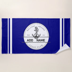 Blue navy Nautical Anchor yacht club boat marina  Beach Towel