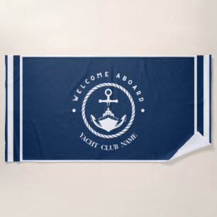 Blue Navy Nautical Anchor yacht club boat marina Beach Towel