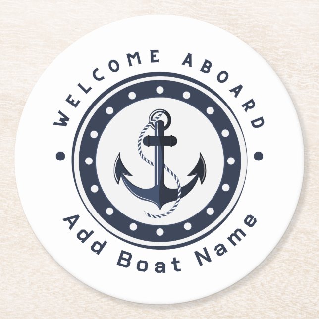 Blue Navy Nautical Anchor yacht club boat marina  Round Paper Coaster (Front)
