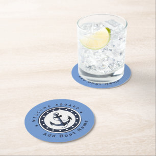 Blue Navy Nautical Anchor yacht club boat marina  Round Paper Coaster