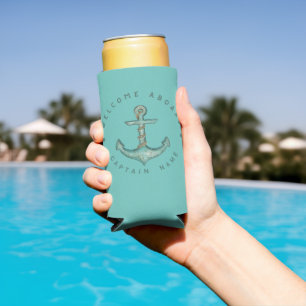 Blue Navy Nautical Anchor yacht club boat sailing  Seltzer Can Cooler