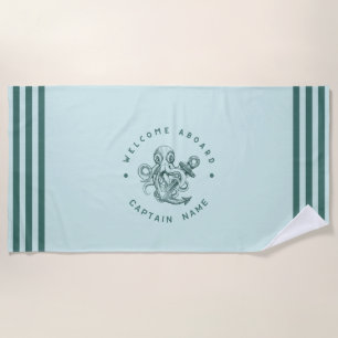 Blue Navy Nautical Anchor yacht club retro octopus Beach Towel