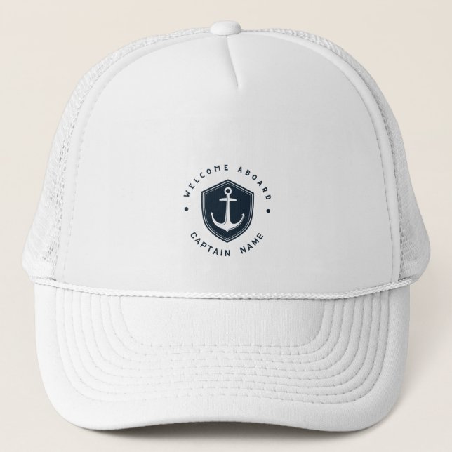Blue Navy Nautical Anchor yacht club sailing Name  Trucker Hat (Front)