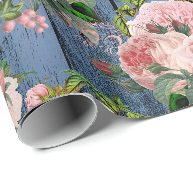 Blue Navy Pink Gold Woodland Rustic Floral Green Wrapping Paper (Roll Corner)