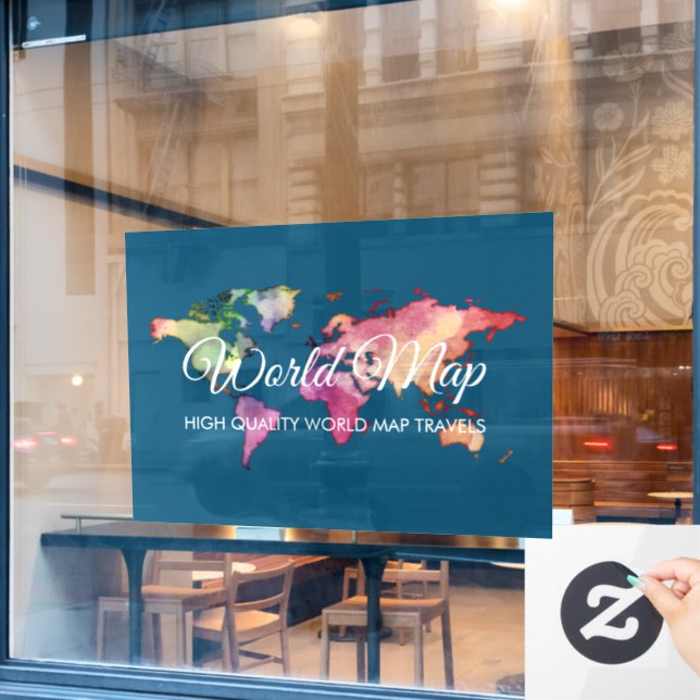 Blue Navy Retro Colourful Watercolor World Map (Cafe Window)