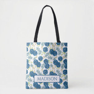 blue navy rose flower tote bag
