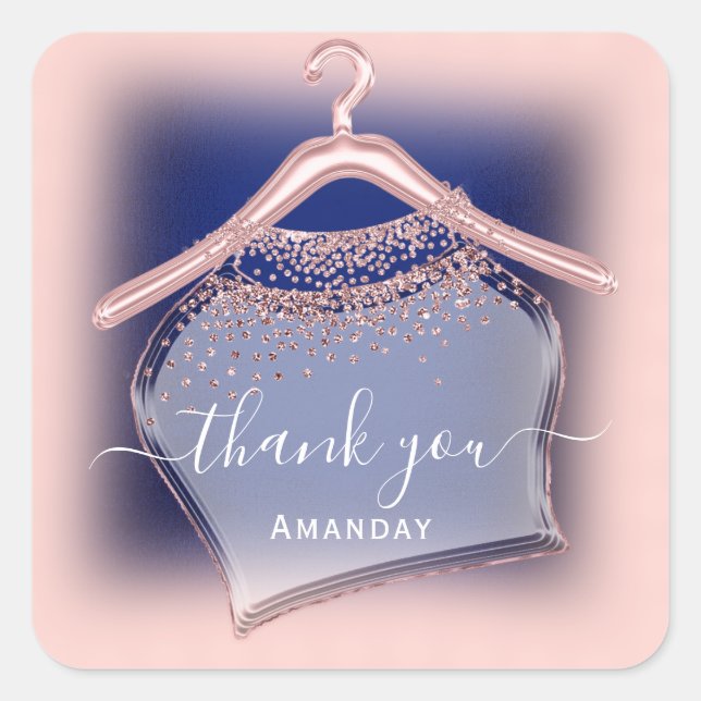 Blue Navy Rose Thank You Name Crystal Glitter Square Sticker (Front)