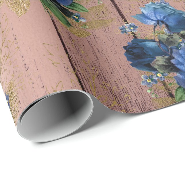 Blue Navy Rose Wood Rustic Floral Wedding Bride Wrapping Paper (Roll Corner)