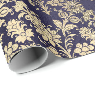 Blue Navy Royal Chic Foxier Gold Powder Floral Wrapping Paper