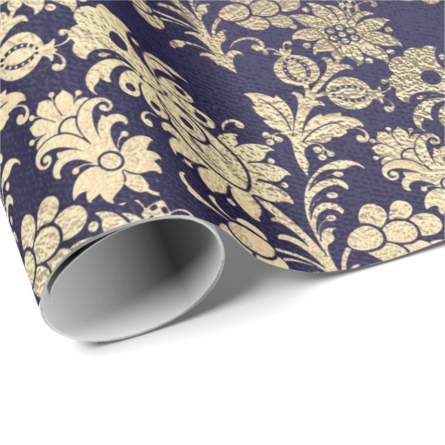 Blue Navy Royal Chic Foxier Gold Powder Floral Wrapping Paper (Roll Corner)