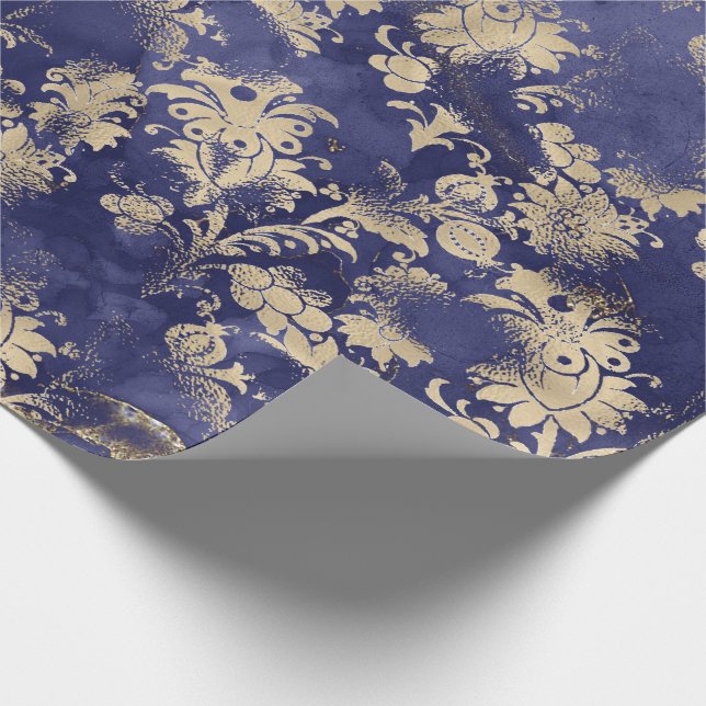 Blue Navy Sepia Gold Flower Graphite Grungy Shabby Wrapping Paper (Corner)