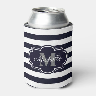 Blue Navy Stripes Pattern Can Cooler