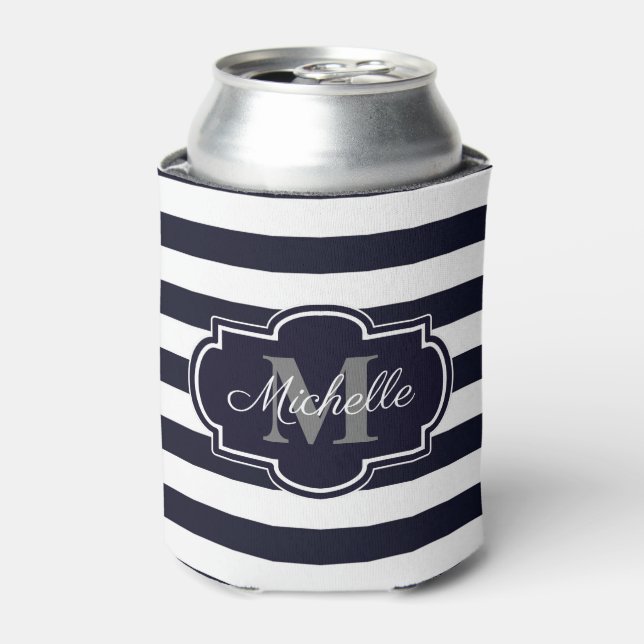 Blue Navy Stripes Pattern Can Cooler (Can Front)