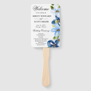 Blue & Navy Summer Flowers Wedding Program Hand Fan