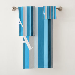 Blue Navy Tan Vertical Striped Personalised Bath Towel Set