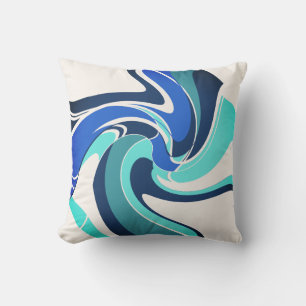 Blue Navy Teal Aqua on White Abstract Art Flower Cushion