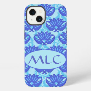 Blue Navy Turquoise Modern Damask Monogram Custom iPhone 13 Case