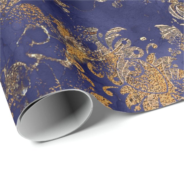 Blue Navy Warm Gold Floral Grungy Shabby Chic Wrapping Paper (Roll Corner)