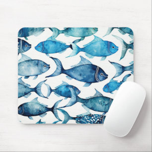 Blue & Navy Watercolor Fish   Coastal Ocean Desk Mouse Pad
