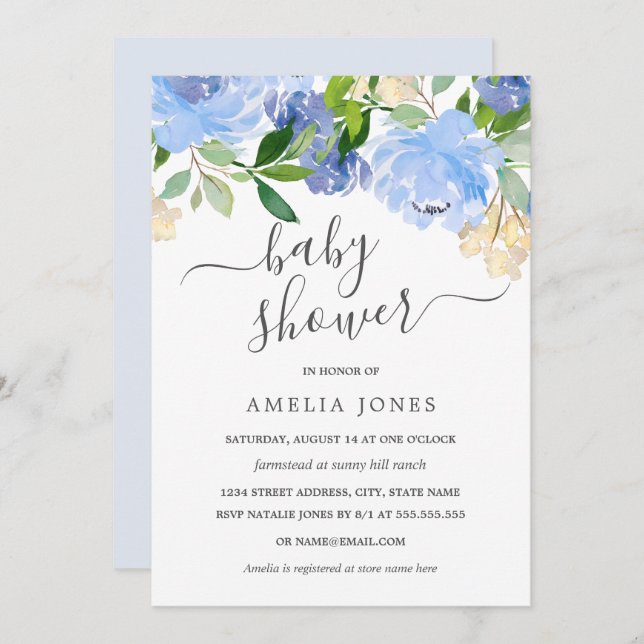 Blue Navy Watercolor Floral Baby Shower Invitation (Front/Back)