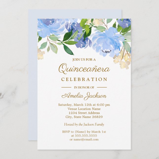 Blue Navy Watercolor Floral Quinceanera Invitation (Front/Back)