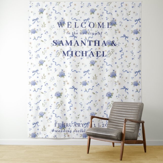 Blue Navy Welcome to the wedding Tiny Flower Tapestry (In Situ)
