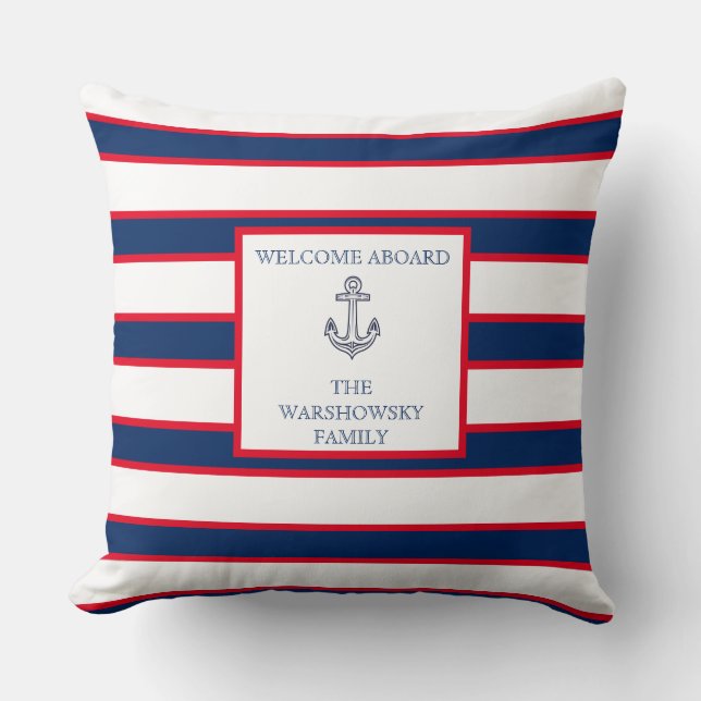 Blue Navy White Red Nautical Monogram Stripe  Thro Cushion (Front)