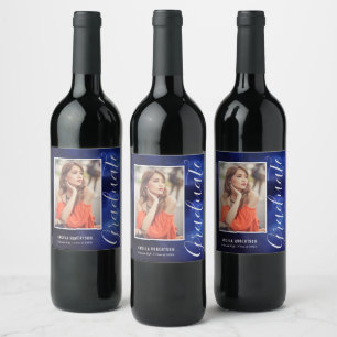 Blue Nebula Space Stylish Modern Photo Graduation Wine Label