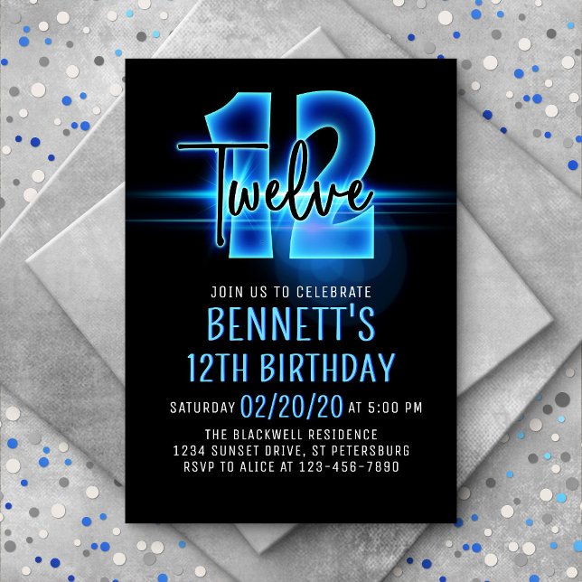 Blue Neon 12th Birthday Invitation (Creator Uploaded)