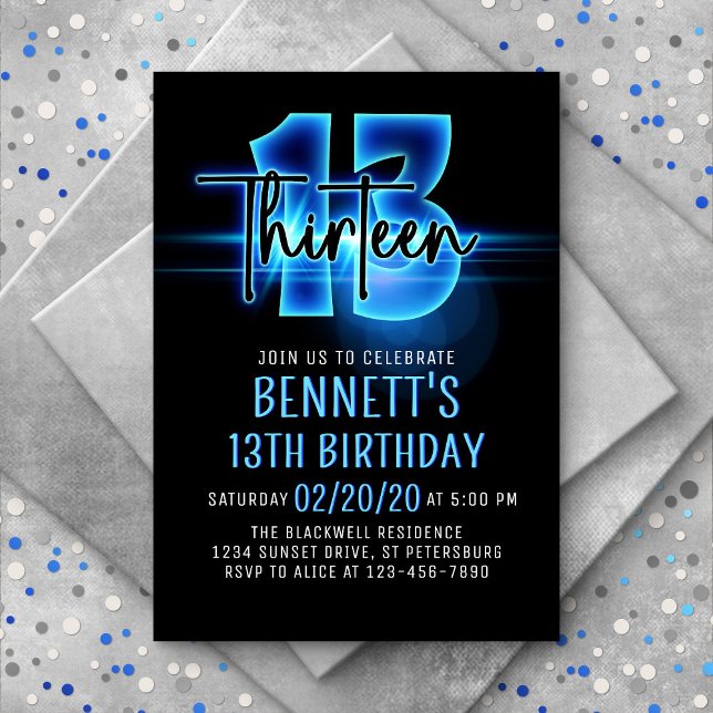 Blue Neon 13th Birthday Invitation (Creator Uploaded)