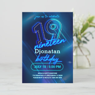 Blue Neon 19th Birthday Party Invitation Card