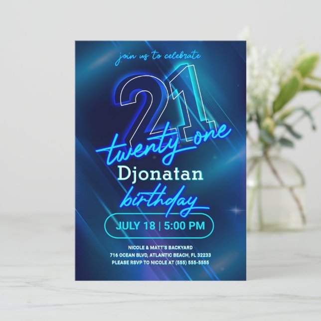 Blue Neon 21st Birthday Party Invitation Card (Standing Front)
