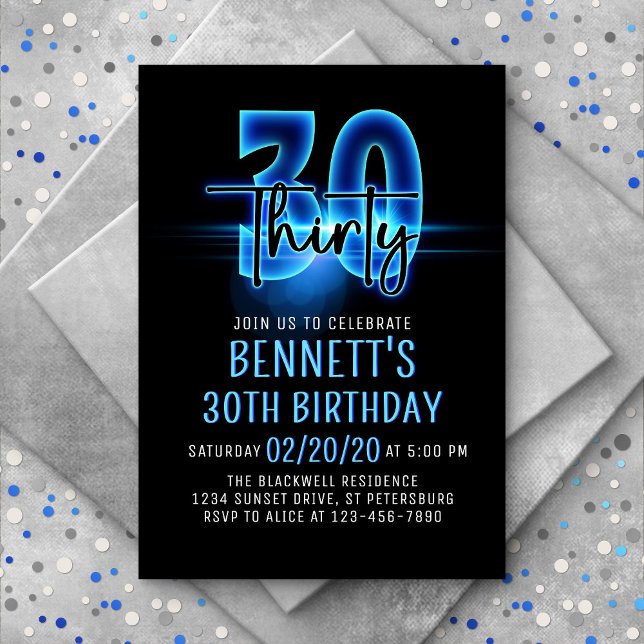 Blue Neon 30th Birthday Invitation (Creator Uploaded)