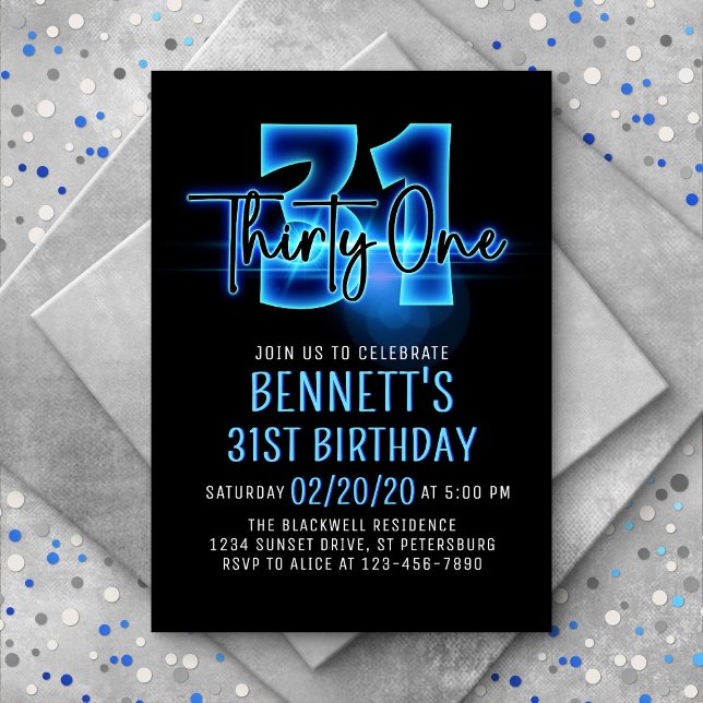 Blue Neon 31st Birthday Invitation (Creator Uploaded)