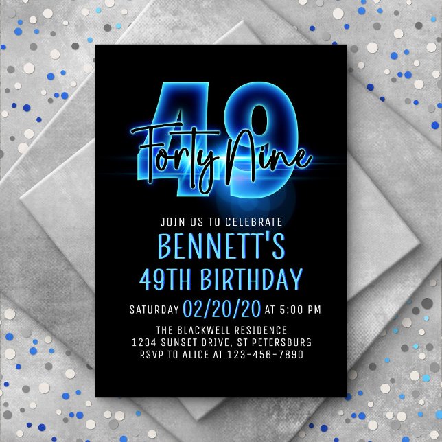 Blue Neon 49th Birthday Invitation (Creator Uploaded)