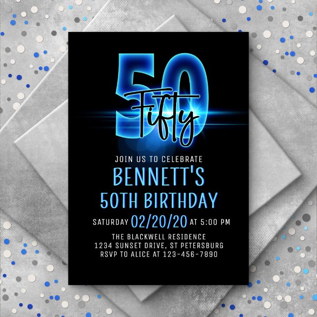 Blue Neon 50th Birthday Invitation (Creator Uploaded)