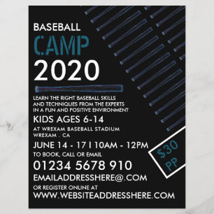 Blue Neon Baseball Bat, Baseball Camp Advertising Flyer