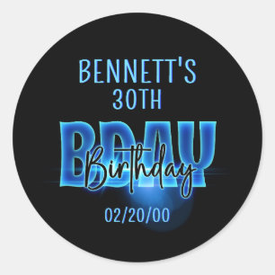 Blue Neon Birthday Classic Round Sticker