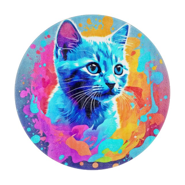 Blue Neon Cat in Splatter Cutting Board (Front)