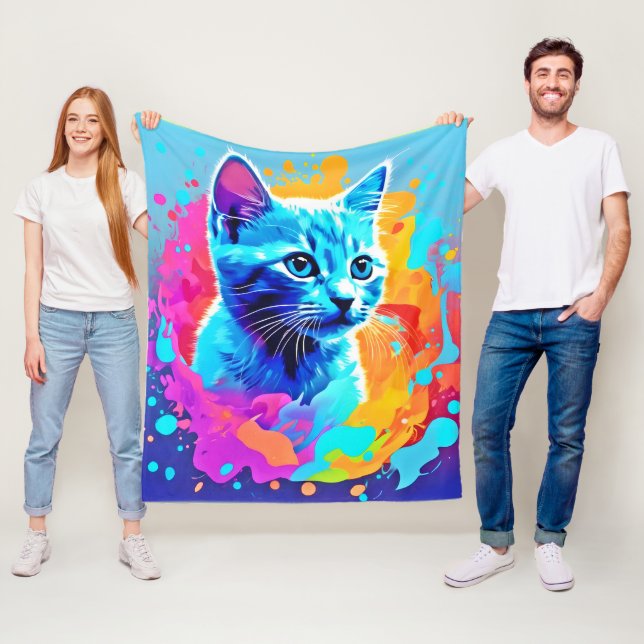 Blue Neon Cat in Splatter Fleece Blanket (In Situ)