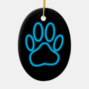 Blue Neon Dog Paw Print Ceramic Tree Decoration