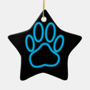 Blue Neon Dog Paw Print Ceramic Tree Decoration