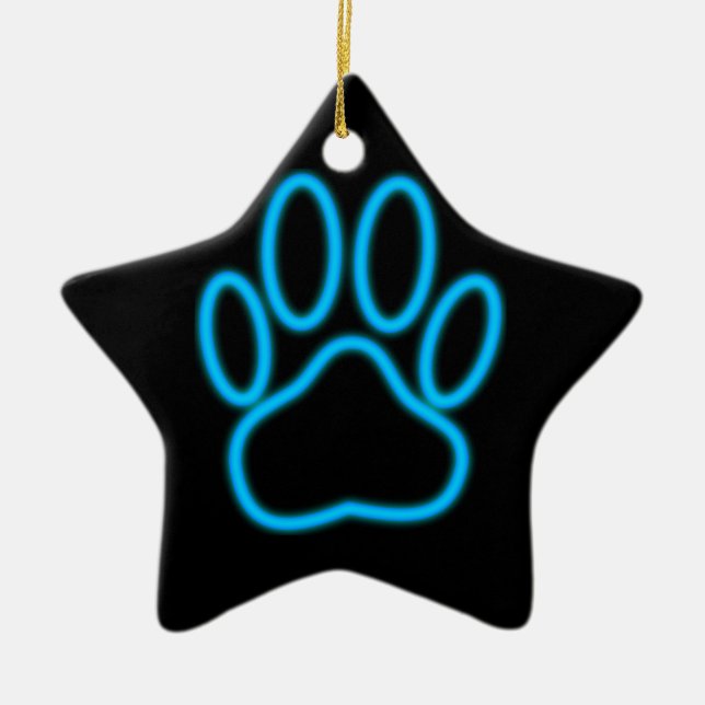 Blue Neon Dog Paw Print Ceramic Tree Decoration (Front)