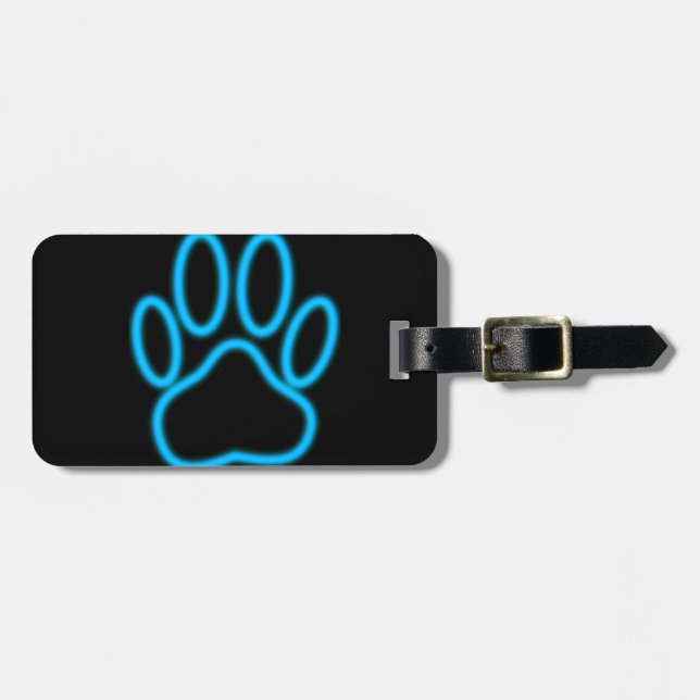 Blue Neon Dog Paw Print Luggage Tag (Front Horizontal)