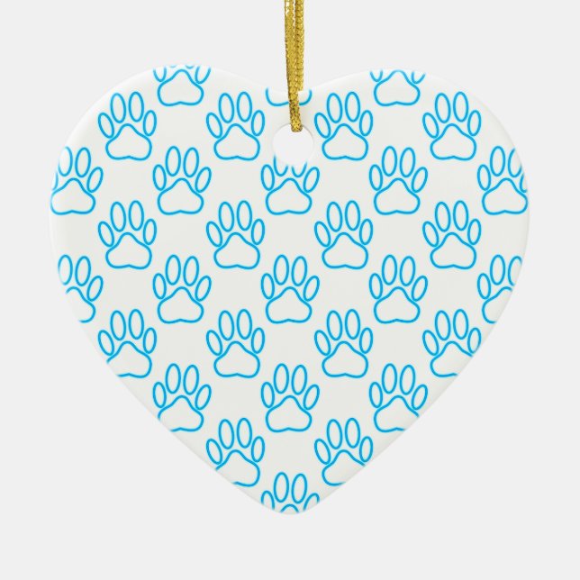 Blue Neon Dog Paw Print Pattern Ceramic Tree Decoration (Front)