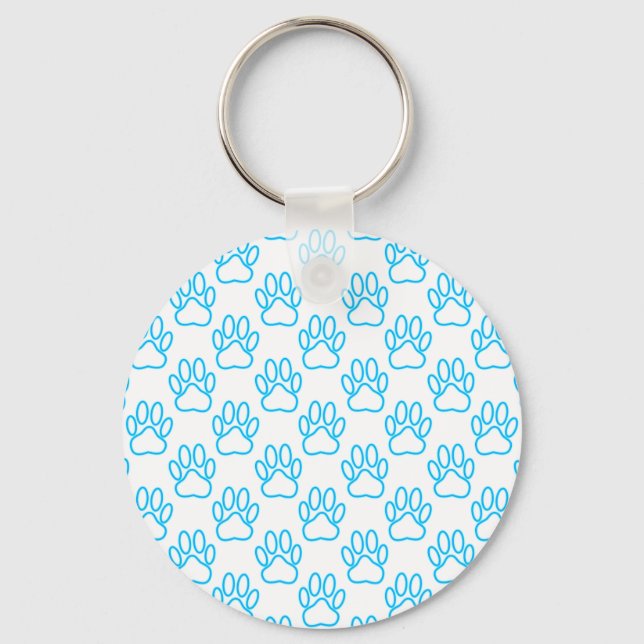 Blue Neon Dog Paw Print Pattern Key Ring (Front)