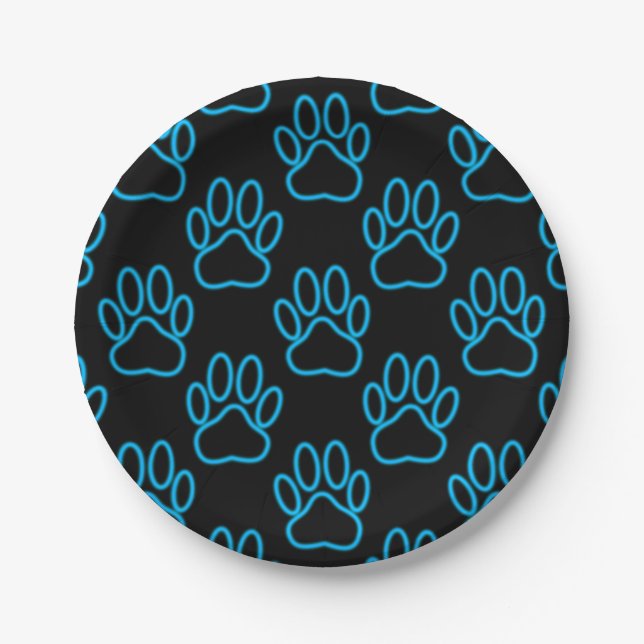 Blue Neon Dog Paw Print Pattern Paper Plate (Front)